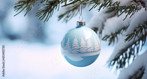 A beautiful Christmas ball on a spruce branch with an intricate handmade pattern