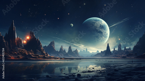 Planets, stunning antique sci-fi backdrop, otherworldly cosmic scenery..
