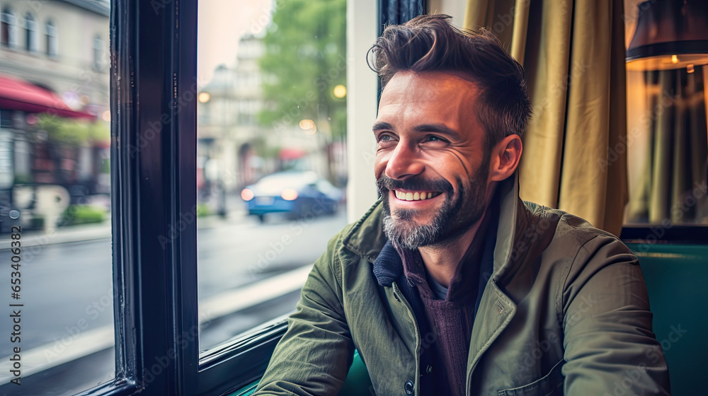 A handsome man sitting happily looking out of the window in a cafe. Concept freelance and financial freedom. Generative Ai A handsome man sitting happily looking out of the window in a cafe. Concept freelance and financial freedom. Generative Ai