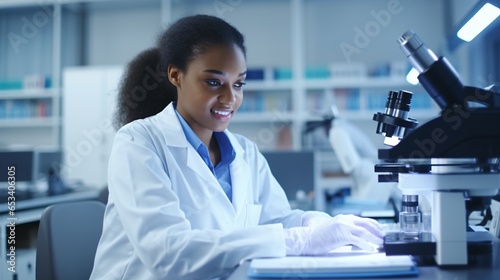 In a cutting-edge science lab, a dedicated medical researcher, a young African American woman, meticulously analyzes virus samples using advanced technology..