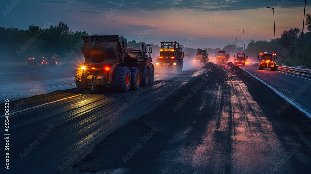 Asphalt, Road rollers working on the new road construction site. Generative Ai