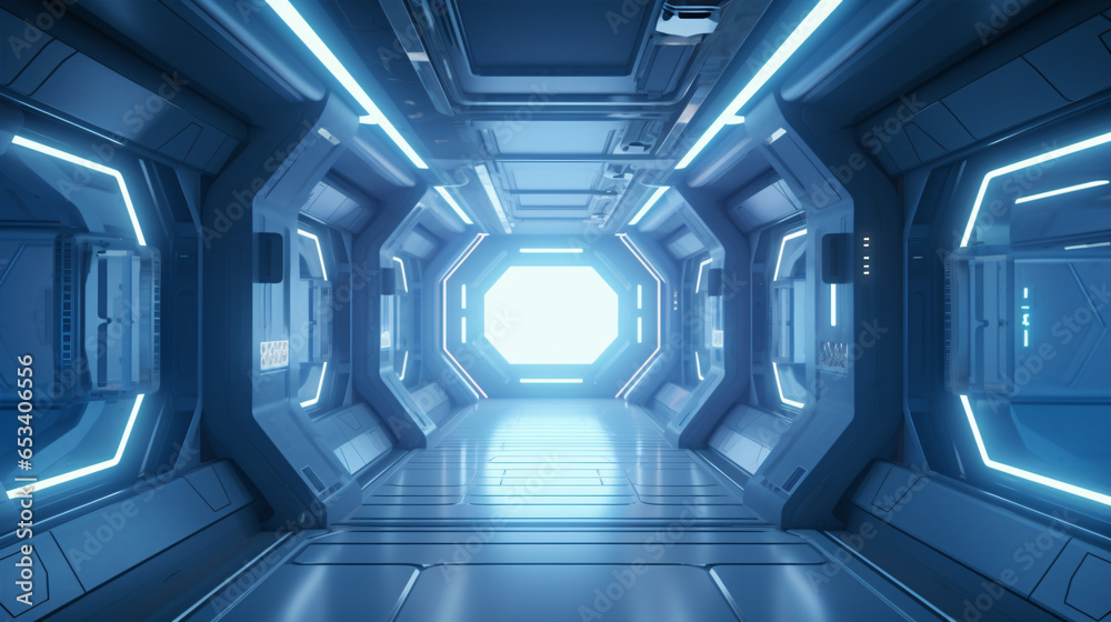 A 3D rendering of a spaceship's neon interior against a futuristic space station corridor.. A 3D rendering of a spaceship's neon interior against a futuristic space station corridor..
