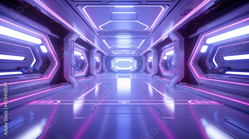 Fototapeta Naklejka Na Ścianę i Meble -  Inside a neon-lit spaceship with a futuristic space station corridor in the background – a stunning 3D rendering..