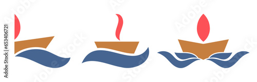 A stylized burning lamp on the water or a small boat with a red sail. Geometric composition from simple elements. Flat vector design.