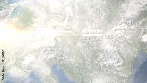 Earth zoom in from space and focus on Breclav, Czech Republic. 3D Animation. Background for travel intro.	 photo