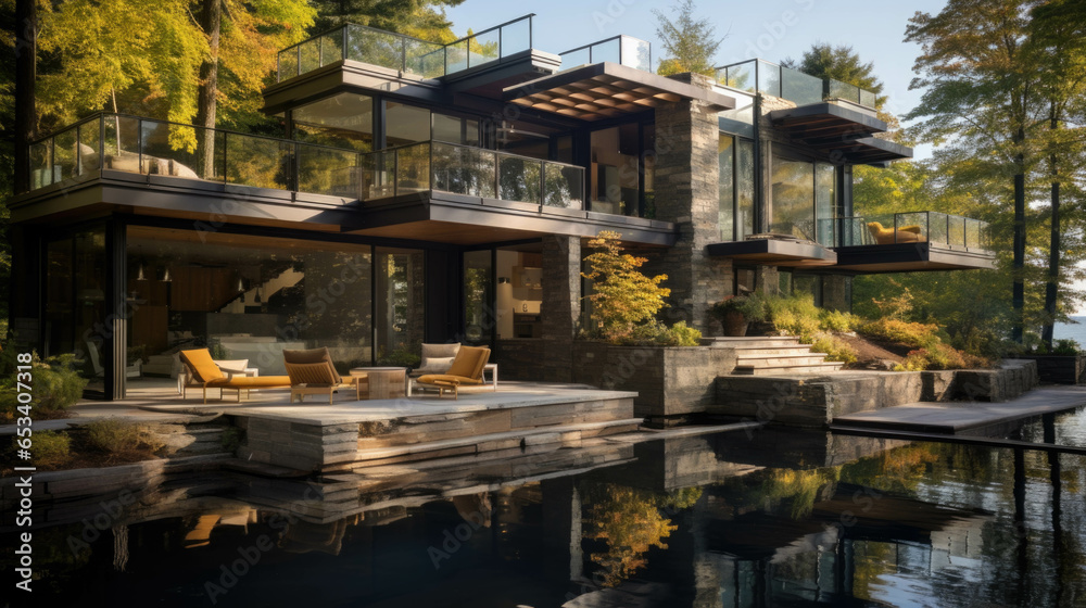 modern architect house with a pond