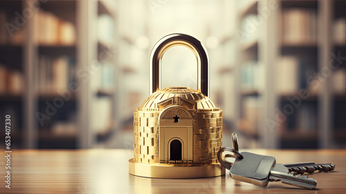 A golden round padlock with a key