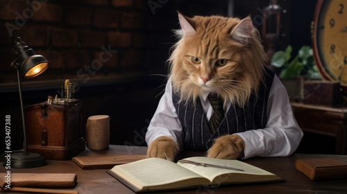 Serious cat in the form of an accountant or librarian sitting at a desk with an open book