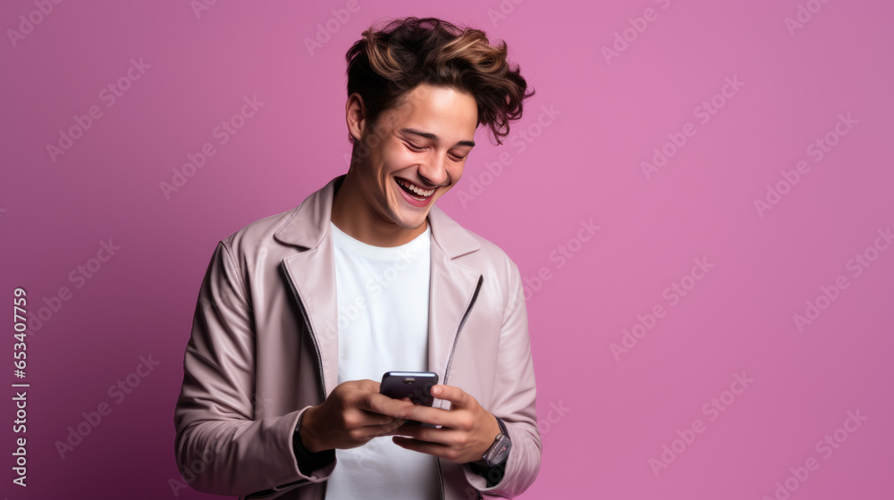 Happy smiling young man using his phone on a colored background. Happy smiling young man using his phone on a colored background.