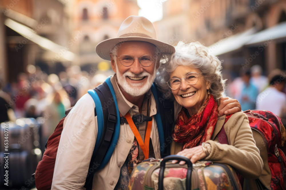 Portrait of a happy couple of mature senior tourists