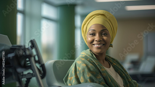 Happy female cancer patient wearing head scarf in wheelchair at hospital. Generative Ai