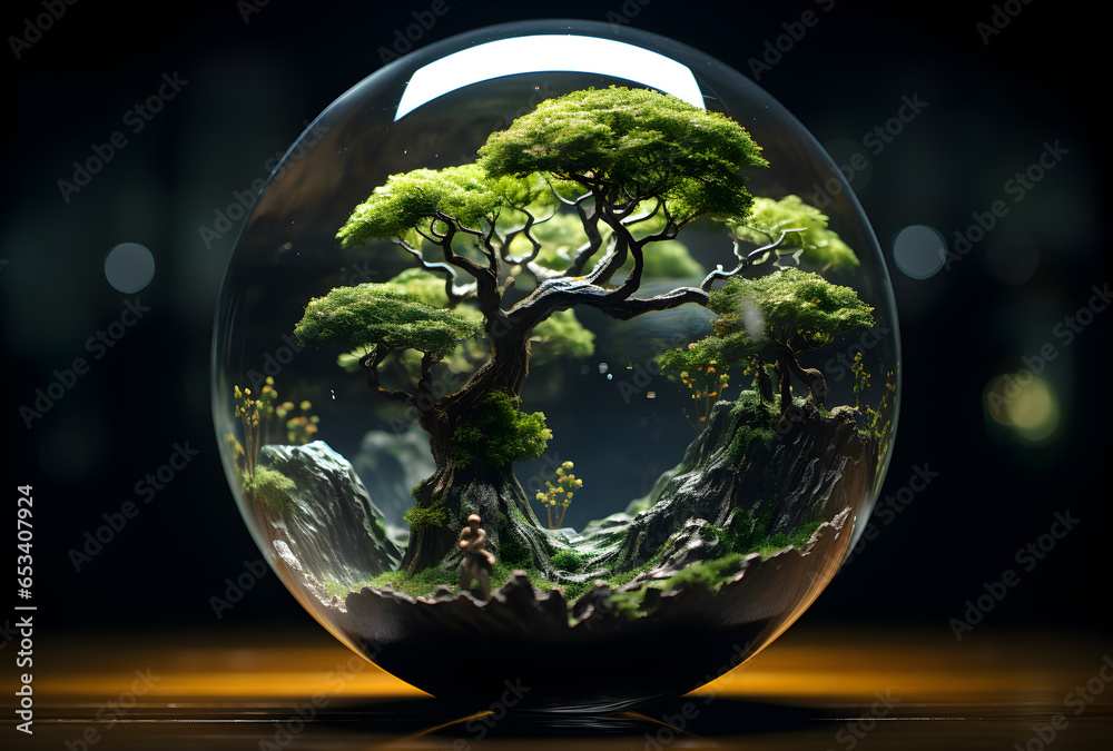 Earth crystal glass globe ball and tree in robot hand saving the environment, save a clean planet, ecology concept. technology science of environment concept for the development of sustainability.