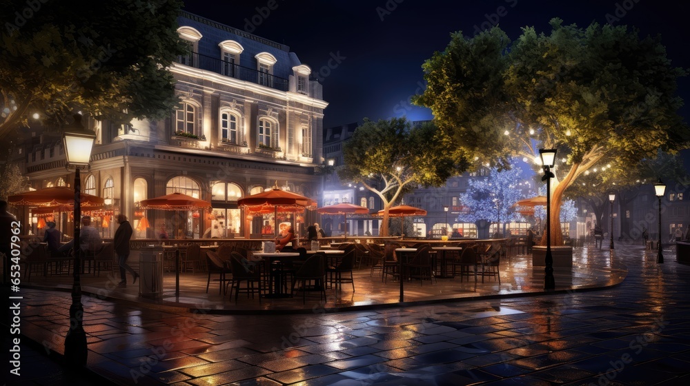 essence of the city after dark, where the town square transforms into a luminous urban oasis