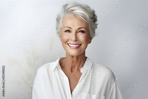Beautiful gorgeous 50s mid age beautiful elderly senior model woman with grey hair laughing and smiling. Mature old lady close up portrait. Healthy face skin care beauty, skincare cosmetics, dental.