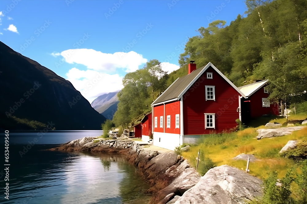 Traditional Norwegian country house and amazing landscape - obrazy, fototapety, plakaty 