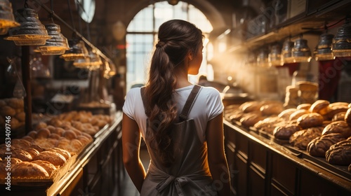  A female baker in uniform in a bakery stands with her back among the shelves with bread and rolls for sale. Production of bread and buns. Visitor in the store