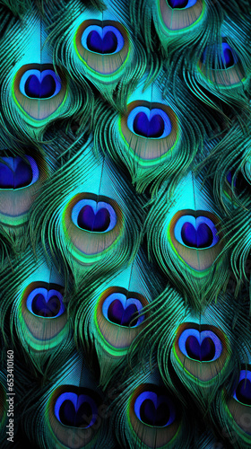 Beautiful bright background of peacock feathers, peacock feathers on a dark background © pundapanda