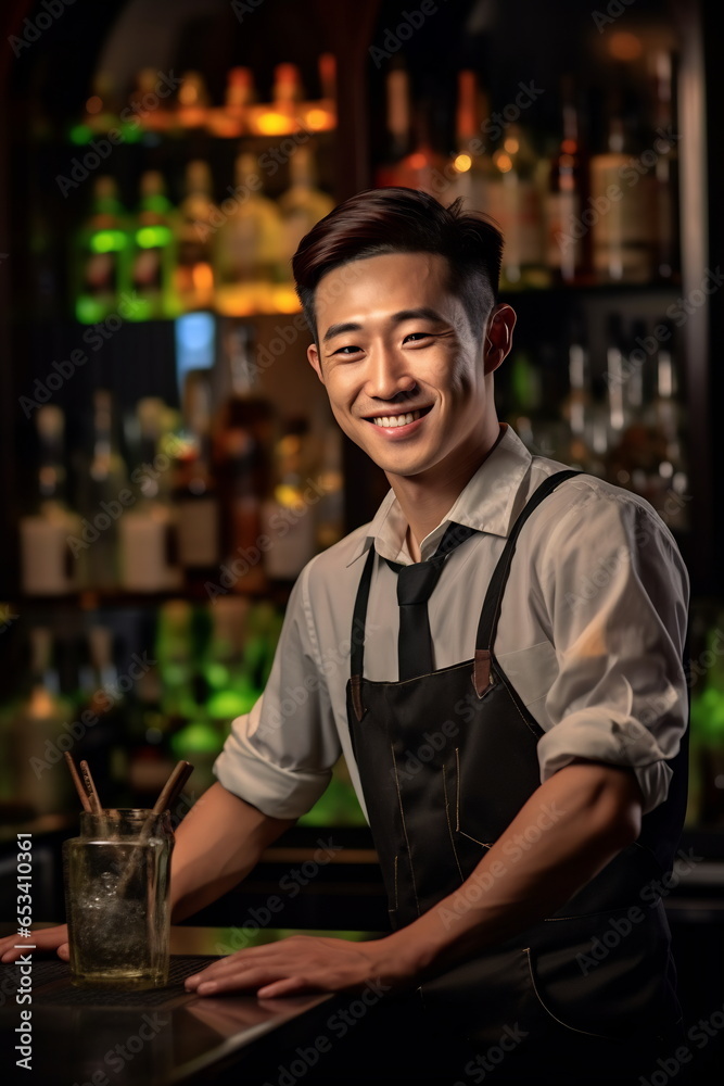 Young smiling chinese bartender on the workplace. Shelves with bottles of alcohol in the background