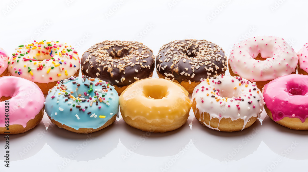Multicolored donuts with different sprinkles isolated on white background