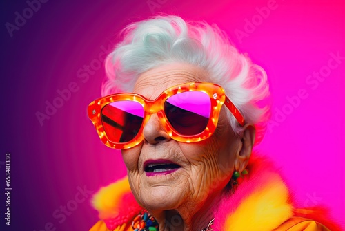Stylish old woman in sunglasses with neon lights