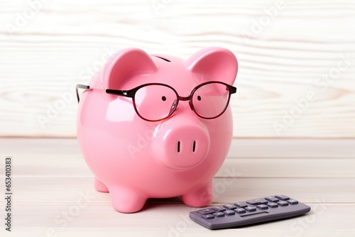 Piggybank with eyeglasses and calculator on wooden background photo