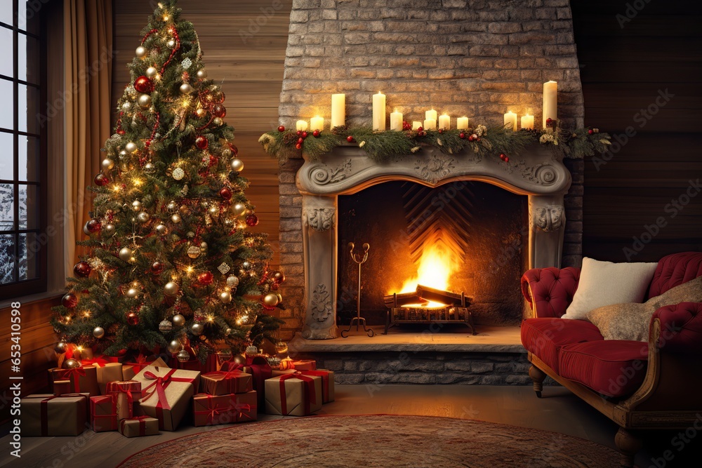 Living room interior with christmas fir tree and fireplace Living room interior with christmas fir tree and fireplace