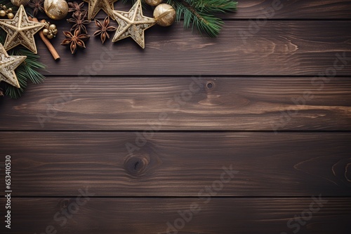 Christmas holiday decorations on brown wooden background