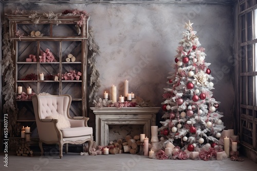 Living room interior with christmas fir tree