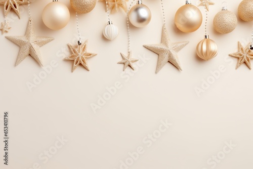 Christmas holiday balls and stars on beige background