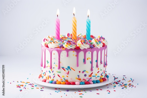 Colorful birthday cake with candles on white background