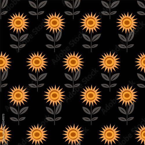 Seamless vector pattern with decorative sunflowers on a black background.