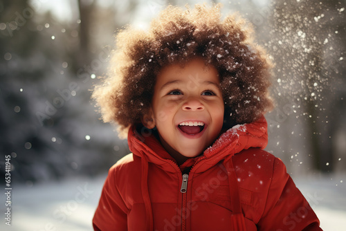 happy african american child playing in snowy park, generative ai 
