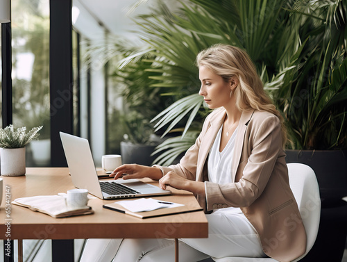 Woman starting an online business, young european lady working with her laptop in modern office