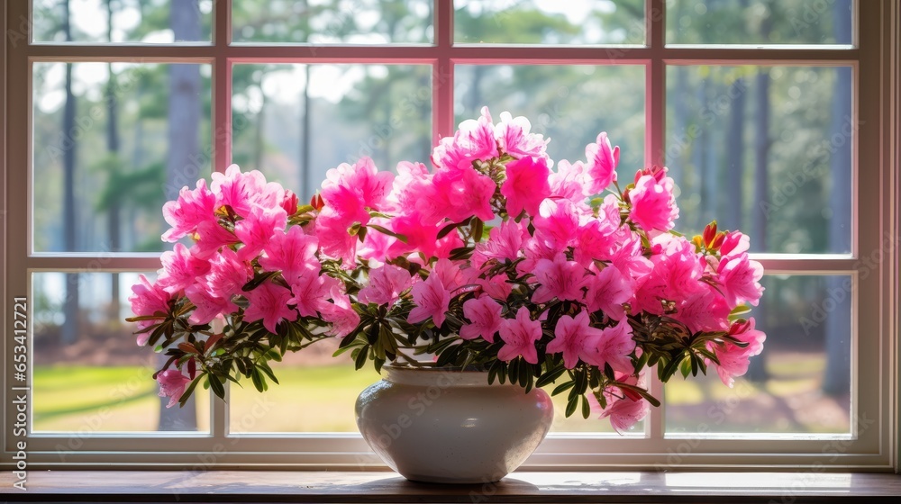 Obraz premium Nature's beauty indoors! Azalea blossoms in a pot brighten up your windowsill, creating a picturesque scene inside your home.