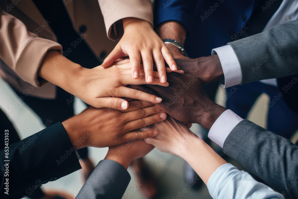 Diverse team of businesspeople joining their hands together in unity, coming together in success