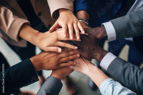 Wallpaper Mural Diverse team of businesspeople joining their hands together in unity, coming together in success Torontodigital.ca
