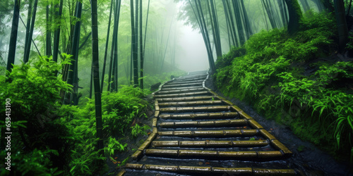 Bamboo forest with steep mountain road  rain  fog. Generative AI