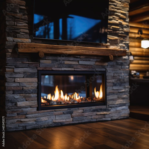 fireplace inside a modern mountain house.3D rendering of evening living room of chalet.Background