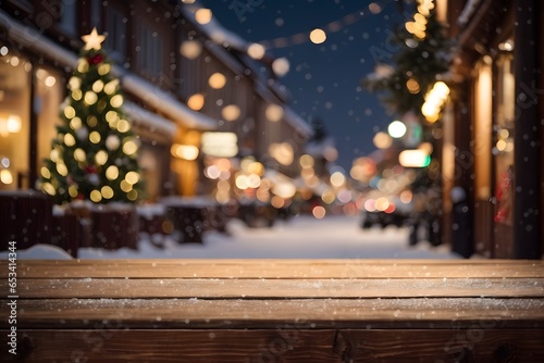 Empty wooden table top with blurred Christmas tree and snowfall with bokeh light background. Generative Ai. © kapros76