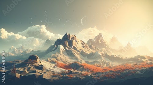 perspective voxel mountain landscape illustration terrain view, panorama digital, peak top perspective voxel mountain landscape