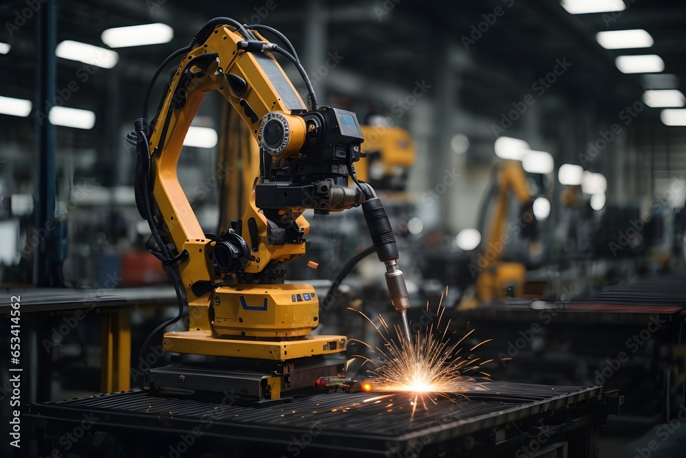 welding robotics automatic arms machine in factory automotive industrial. Blurred digital manufacturing environment. Generative Ai. - obrazy, fototapety, plakaty 