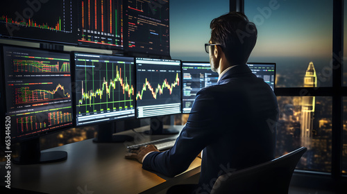 Side view of young businessman sitting at desk and looking at monitors with forex chart on screen, investment strategy, financial data and charts, photo