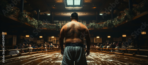 Sumo sport Rear view of a boxer standing in the ring during the match