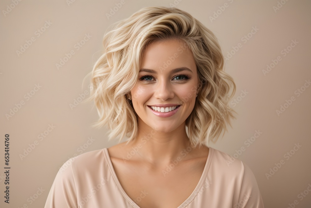 Beige fashion background with attractive and happy girl. Generative ai. Beige fashion background with attractive and happy girl. Generative ai.
