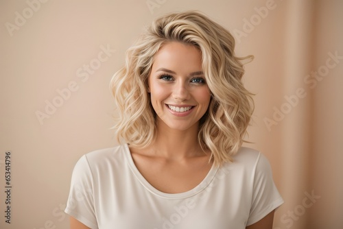 Beige fashion background with attractive and happy girl. Generative ai.