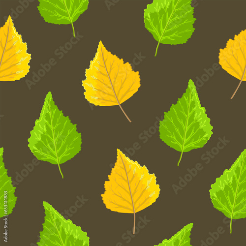 Birch leaves are orange, yellow and green on a brown or khaki background. Seamless pattern. Nature, flora and parks. Printing on fabric, packaging and wrapping paper. Vector illustration.