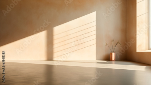 Habitacion vacia luz natural - Fondo colores tierra - Sombras difusas - Ventana lateral - materiales, madera, 