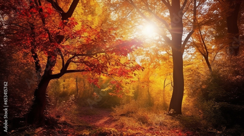 Autumn forest in the sunlight. AI Generated