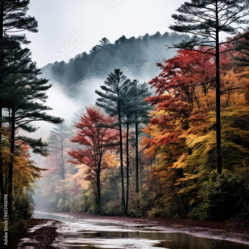 Foggy morning with trees changing colors. © olegganko