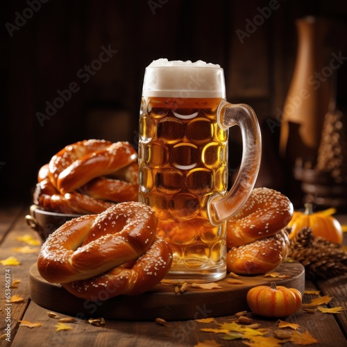 Oktoberfest celebration with beer and pretzels.